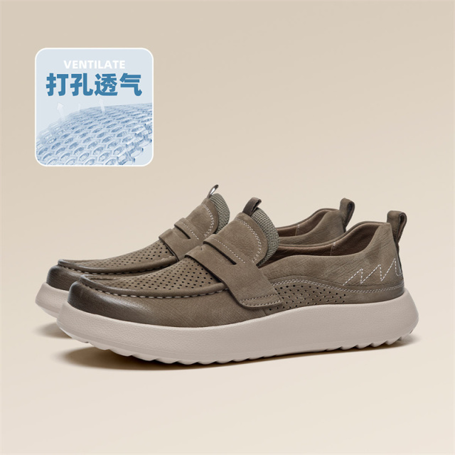 13358622.【头层牛皮冲孔鞋】透气一脚蹬男鞋26夏季新款男士休闲真皮凉鞋