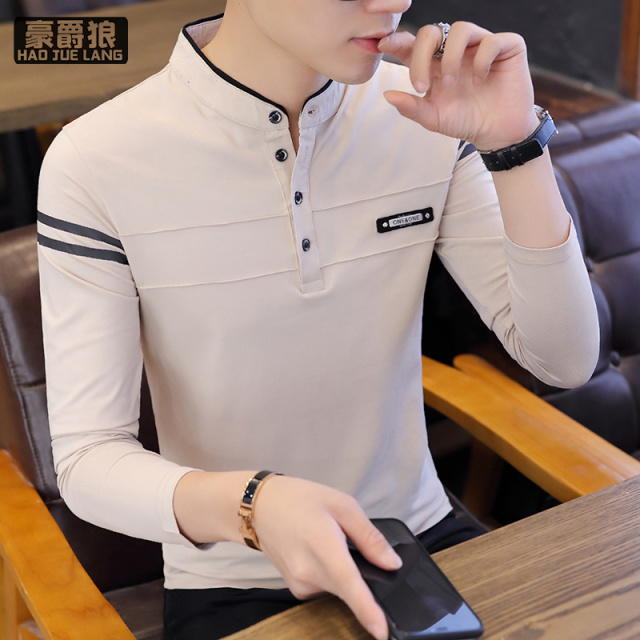 13358462.春季Polo衫男士长袖纯棉T恤韩版修身潮流立领打底衫内搭秋衣体恤