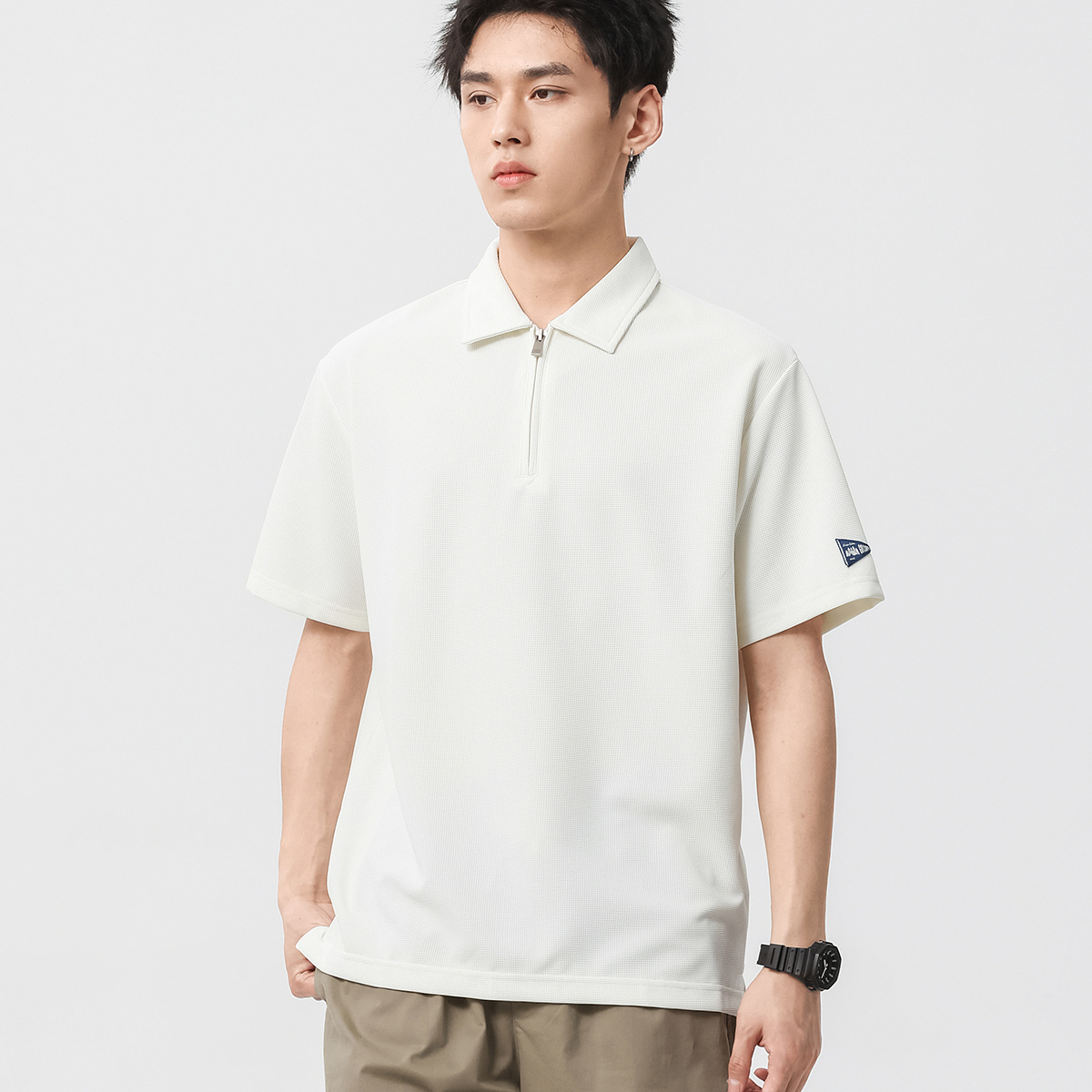 13363765.布衣传说 抗皱华夫格 夏季纯色POLO衫宽松翻领短袖百搭上衣