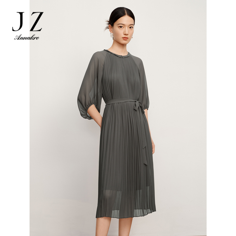 13362020.JZ玖姿洋气三宅风褶皱收腰显瘦长款纯色连衣裙女装夏季新款