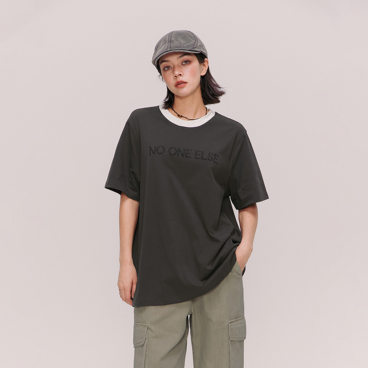 13363977.撞色拼接T恤男女款夏季字母印花宽松短袖上衣