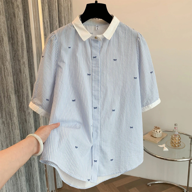 13460934.初云紫衣春夏装 女蓝白小清新条纹衬衫休闲百搭洋气短袖衬衫上衣5221