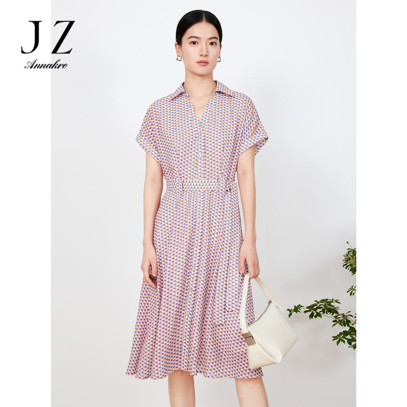 13362242.JZ玖姿几何印花衬衫连衣裙女装夏季新款收腰雪纺裙子