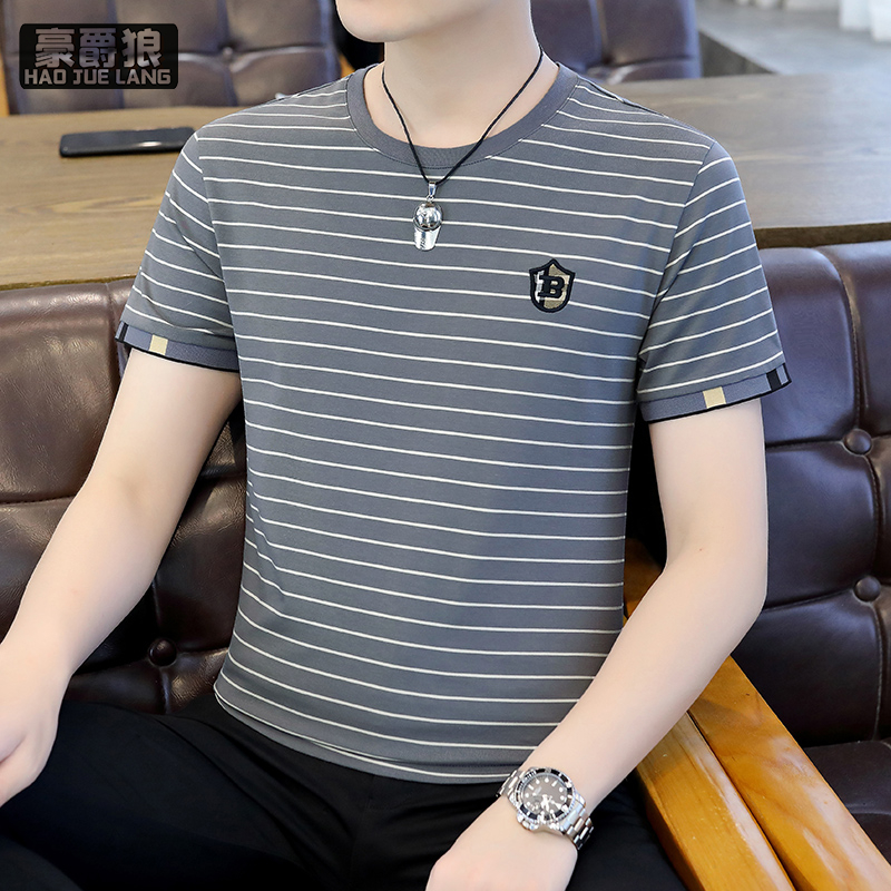 13358505.高档条纹短袖t恤男士夏季时尚帅气半袖冰丝体恤百搭休闲男装上衣