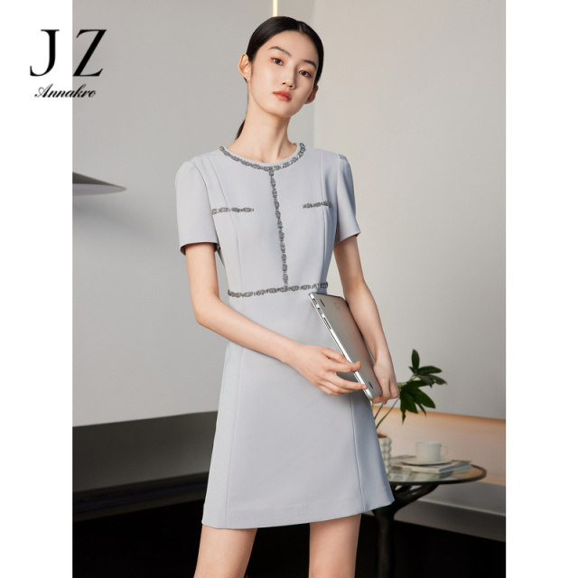 13362194.JZ玖姿手工钉珠连衣裙女装夏季新款小个子职业通勤裙子灰色