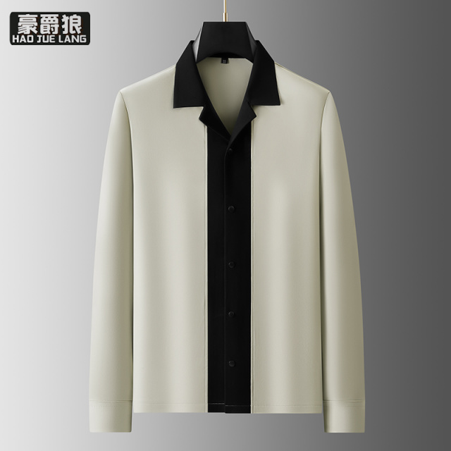 13368333.【大码男装】加肥男士假两件衬衫胖子春秋款宽松休闲长袖拼色衬衣