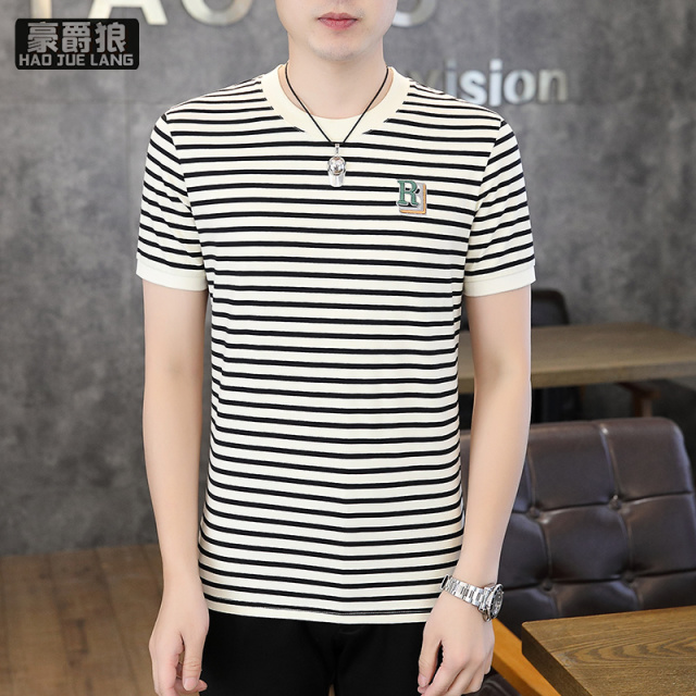 13368296.纯棉短袖t恤男夏季休闲潮流薄款条纹体恤半袖圆领刺绣上衣打底衫
