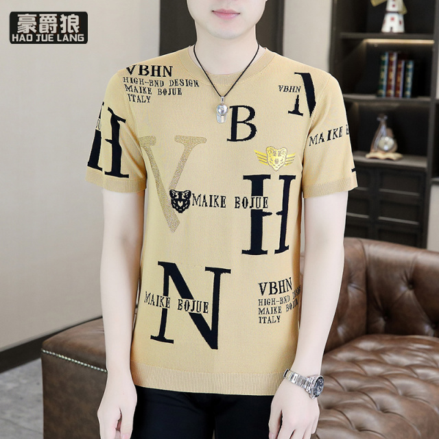 13368278.针织衫男夏季薄款冰丝短袖t恤时尚新款重磅体恤青年男士圆领上衣