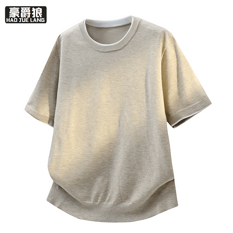13368292.夏季新款针织短袖T恤男圆领时尚休闲纯色光板简约百搭弹力毛衣薄