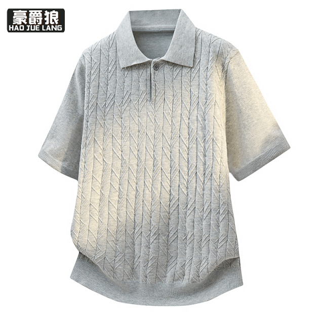 13368312.潮牌纯色麻花短袖POLO衫男夏季高街翻领针织t恤复古正肩休闲半袖
