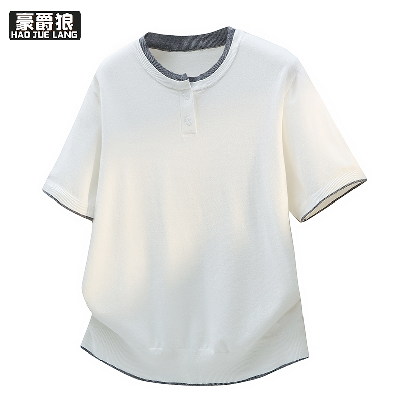 13368360.假两件短袖T恤男夏季时尚百搭圆领休闲上衣纽扣百搭针织潮