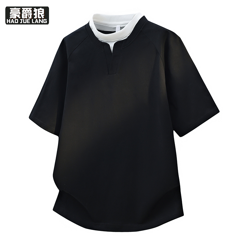 13368286.夏季新款假两件短袖T恤男士潮牌半袖体恤冰丝棉高中学生宽松上衣