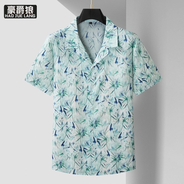 13368306.【大码男装】加肥舒适纯棉短袖衬衫男式夏季透气休闲半袖衬衣印花寸衫