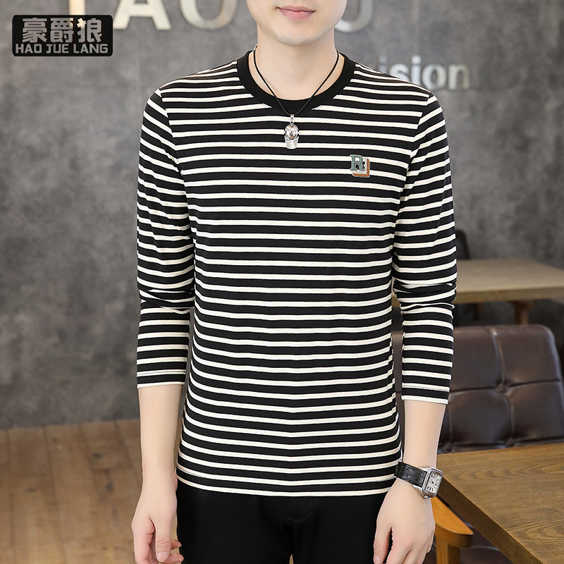 13368388.棉质长袖t恤男舒适春秋季潮流条纹打底衫上衣服潮牌秋装修身秋衣