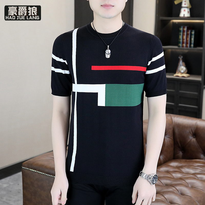 13368293.夏季新款撞色条纹冰丝针织短袖T恤男圆领修身薄款百搭上衣潮