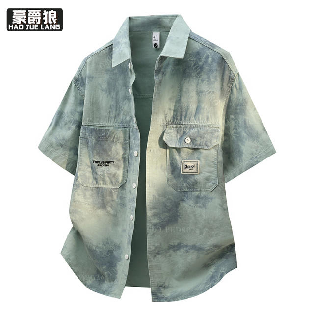 13368369.青少年学生工装纯棉衬衫男韩版潮流印花时尚休闲潮牌翻领衬衣帅气