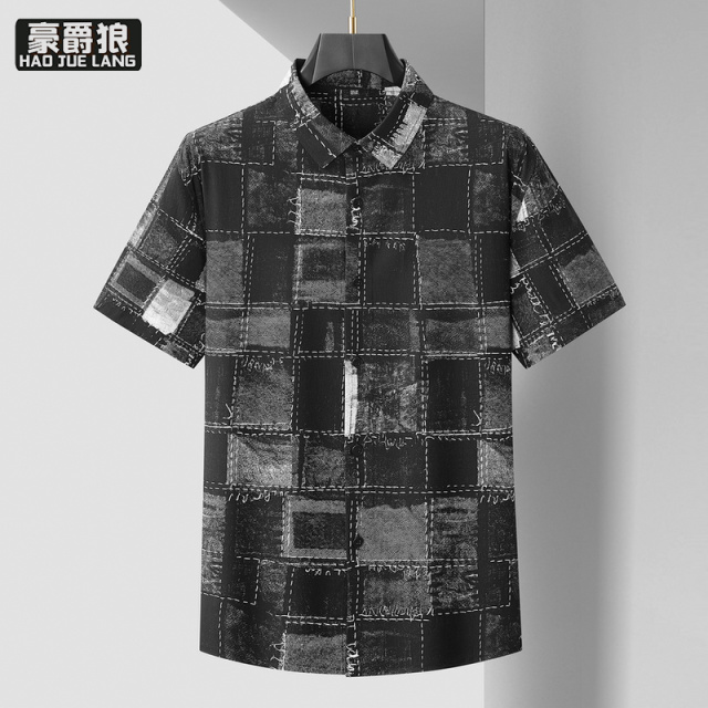 13368320.【大码男装】衬衫男短袖夏季新款爸爸装弹力免烫半袖衬衣男加肥上衣