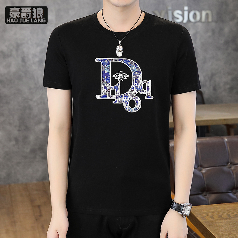 13368323.冰丝男士圆领t恤上衣夏季新款高端休闲潮流短袖打底衫男休闲半袖