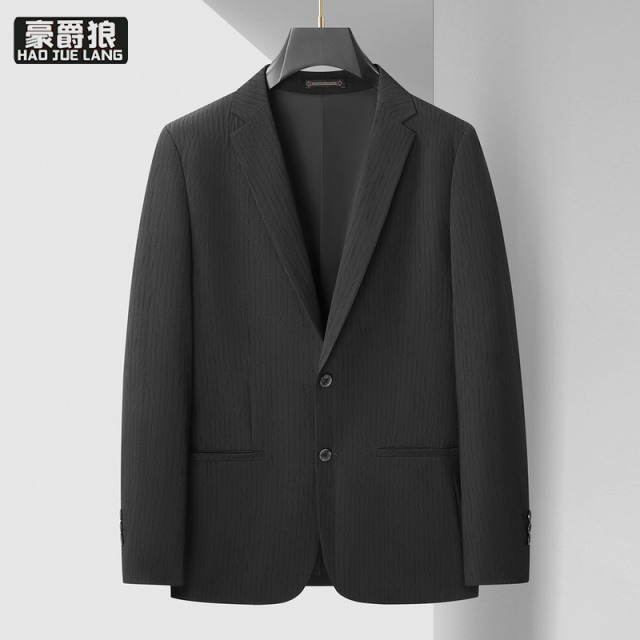 13368334.【大码男装】春秋大码薄款西装外套男宽松胖子商务休闲提花单西服上衣