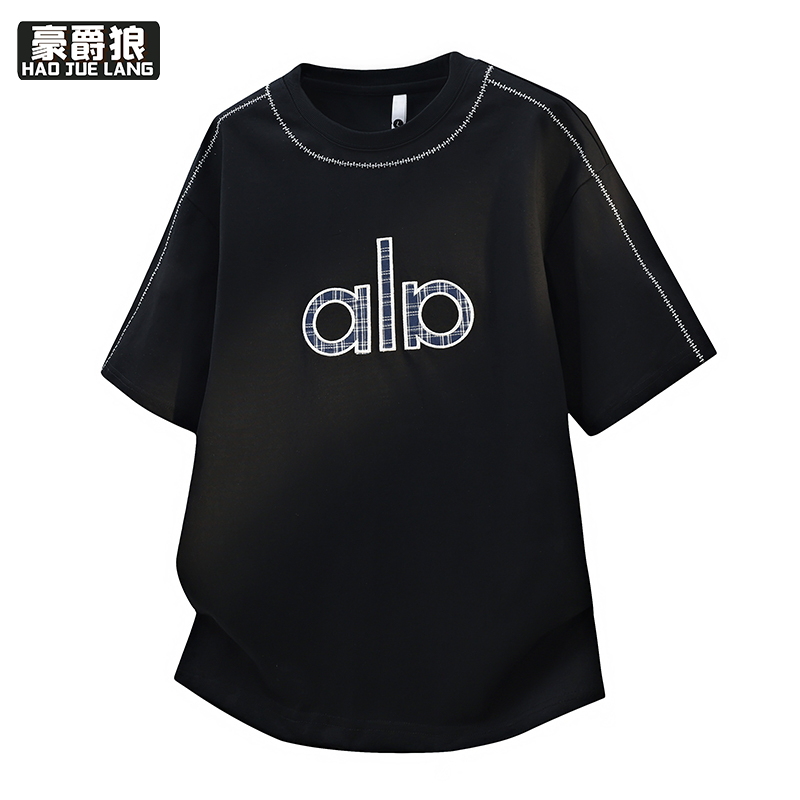 13368358.短袖T恤男款夏季青少年字母印花上衣服宽松港风潮流学生五分中袖