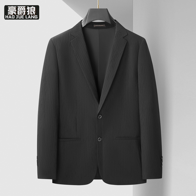 13368334.【大码男装】春秋大码薄款西装外套男宽松胖子商务休闲提花单西服上衣