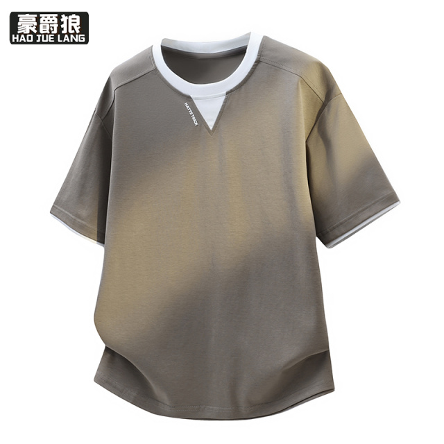 13368371.假两件圆领潮流短袖舒适T恤春夏季休闲新款青年半袖宽松男士上衣