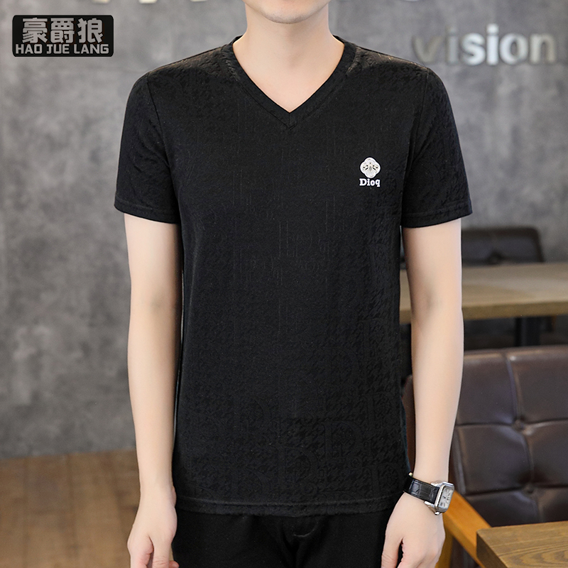 13368295.短袖男士时尚V领提花冰丝短袖T恤男士夏季新款潮牌鸡心领高端薄T