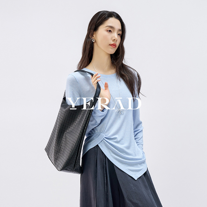 13367425.【娅丽达】莱赛尔羊毛休闲宽松T恤女罩衫简约圆领长袖打底衫