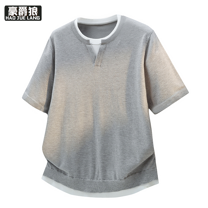 13368289.夏季短袖毛衣圆领T恤纯色薄款假两件针织衫夏季男士线衣上衣