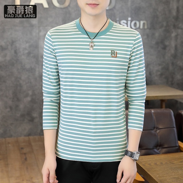 13368388.棉质长袖t恤男舒适春秋季潮流条纹打底衫上衣服潮牌秋装修身秋衣