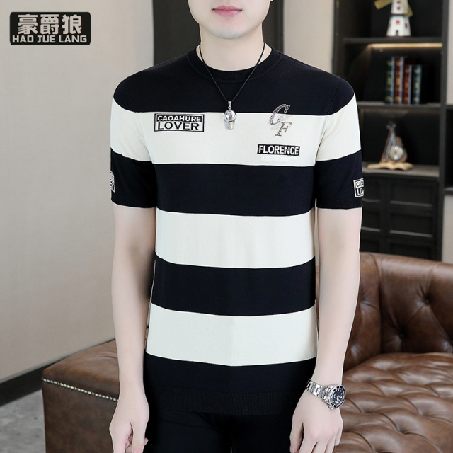 13368288.男士冰丝圆领短袖t恤潮牌夏季男装高端凉感透气半袖针织衫体恤男