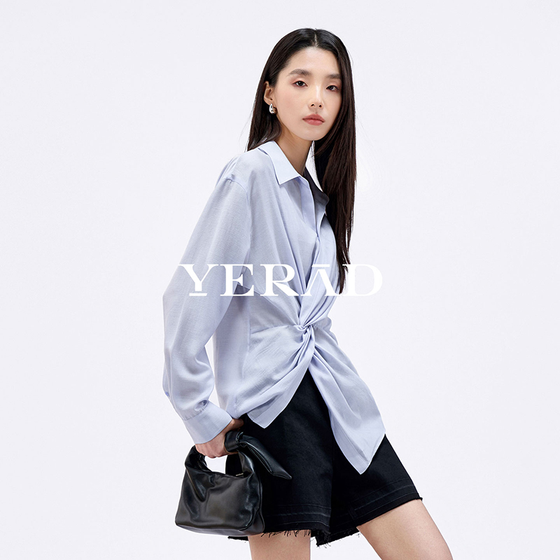 13367422.【娅丽达】通勤醋酸扭结蓝衬衫女旅游度假法式长袖衬衣