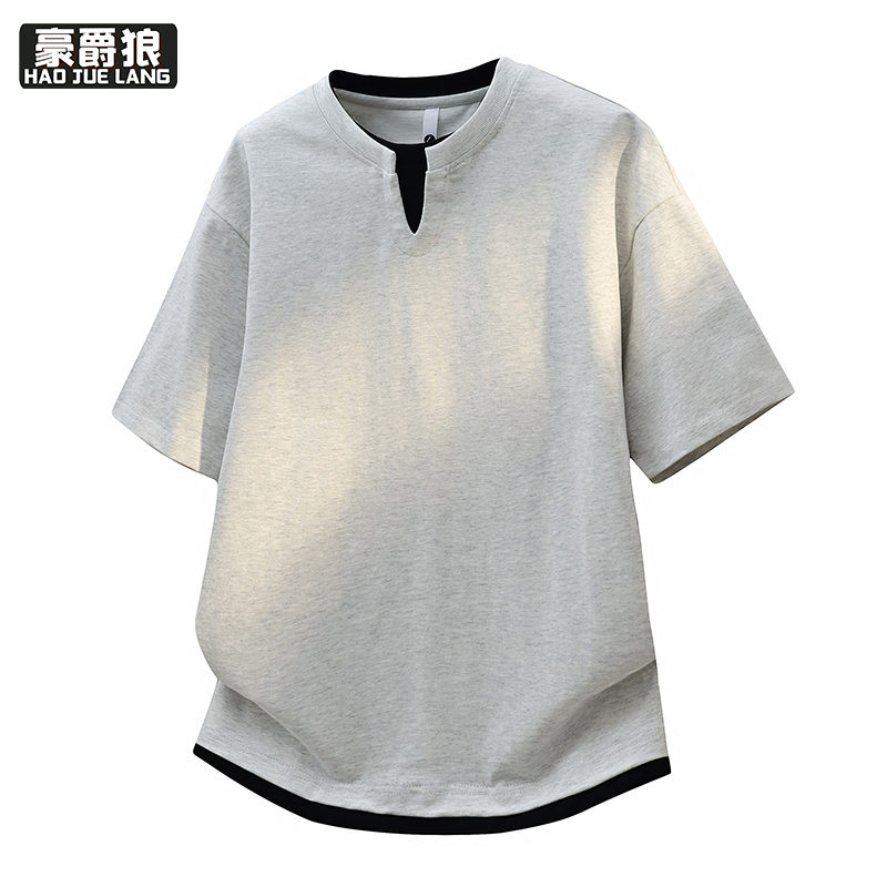 13368287.假两件小V领短袖t恤男夏季青少年潮牌宽松设计感凉感薄款半袖上衣