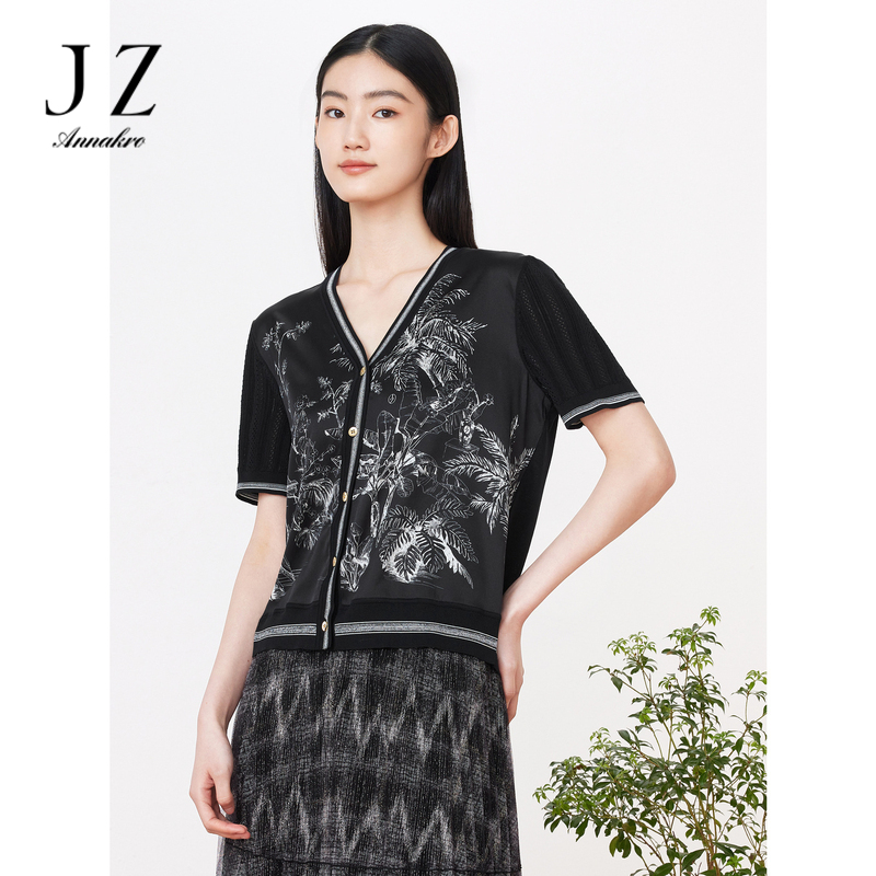 13367921.商场同款JZ玖姿国风印花拼接短袖上衣女装夏季新款JWDX30809