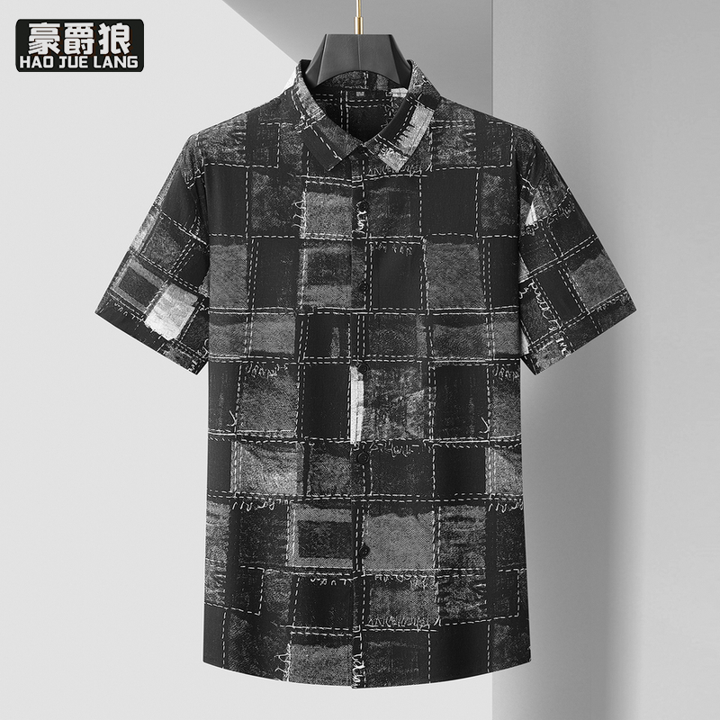 13368320.【大码男装】衬衫男短袖夏季新款爸爸装弹力免烫半袖衬衣男加肥上衣