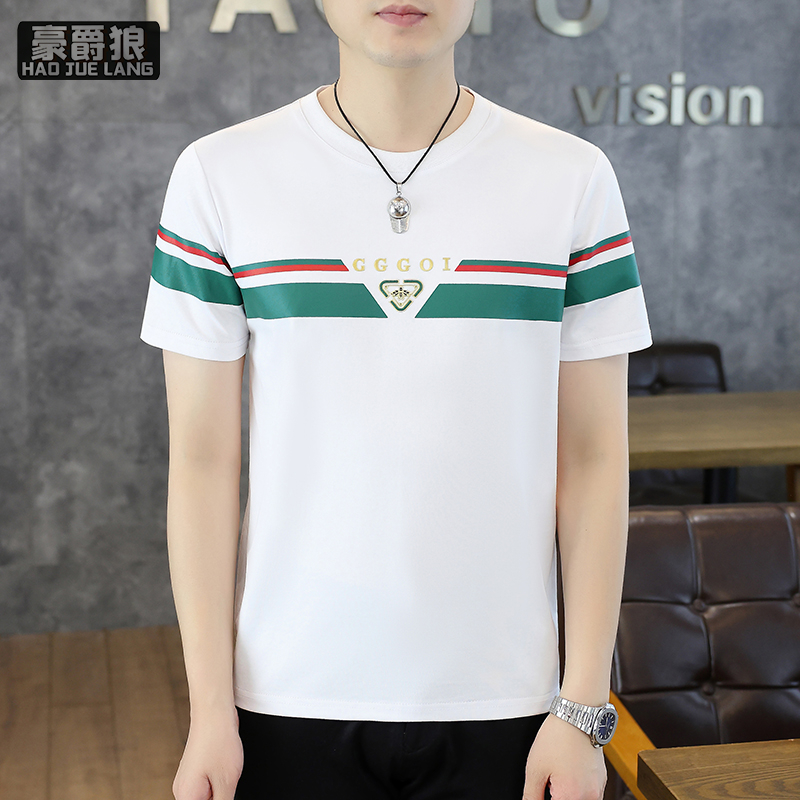 13368346.夏季休闲运动上衣潮流男士洋气轻奢圆领时尚百搭冰丝短袖T恤