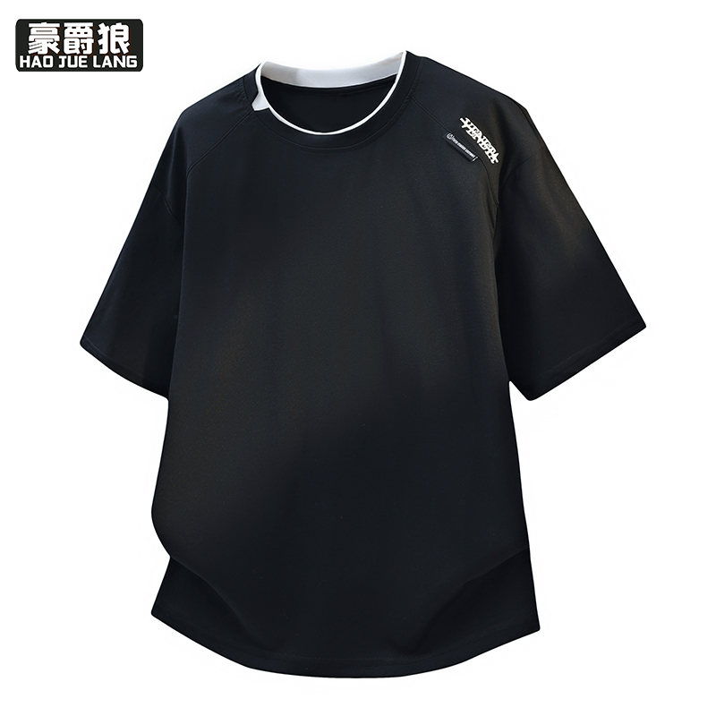 13368373.夏季新款短袖男圆领t恤假两件半袖青少年学生宽松休闲纯色棉体恤