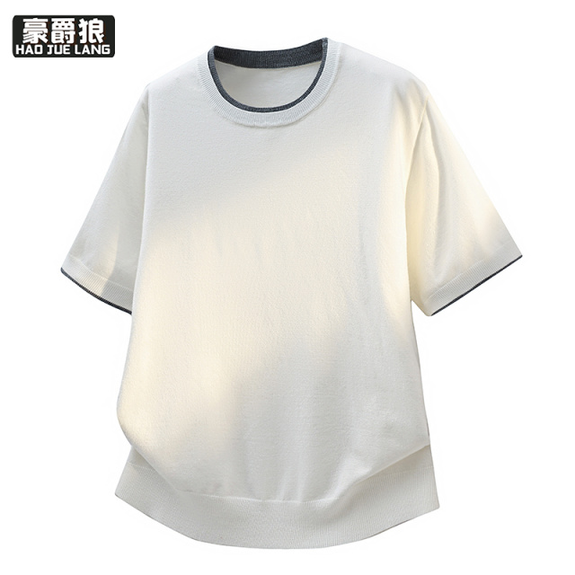 13368292.夏季新款针织短袖T恤男圆领时尚休闲纯色光板简约百搭弹力毛衣薄