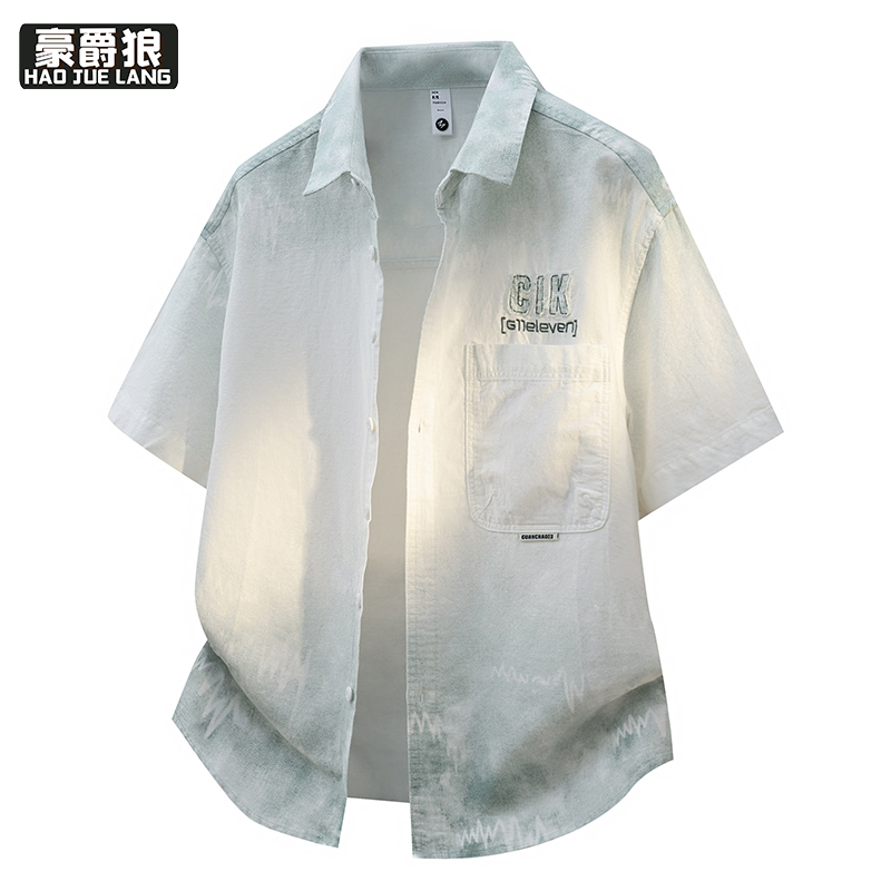 13368366.薄款短袖衬衫男夏季扎染潮牌休闲翻领刺绣冰丝透气半袖衬衣服男装