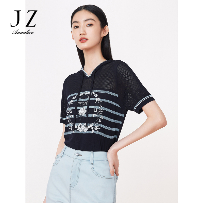13367982.JZ玖姿商场同款花卉刺绣针织衫夏季新款连帽短袖JWDX31243