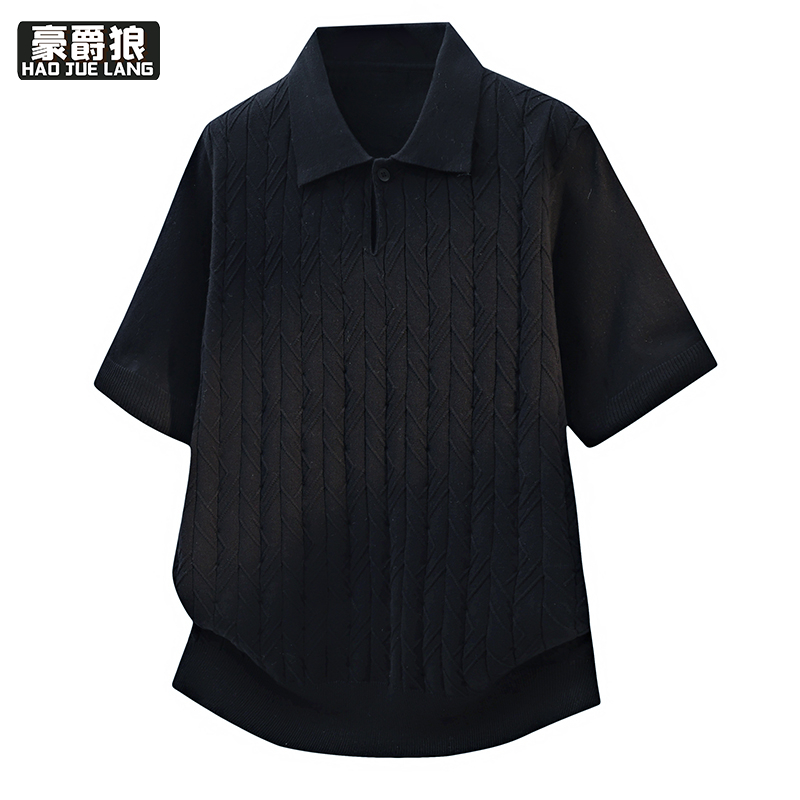 13368312.潮牌纯色麻花短袖POLO衫男夏季高街翻领针织t恤复古正肩休闲半袖