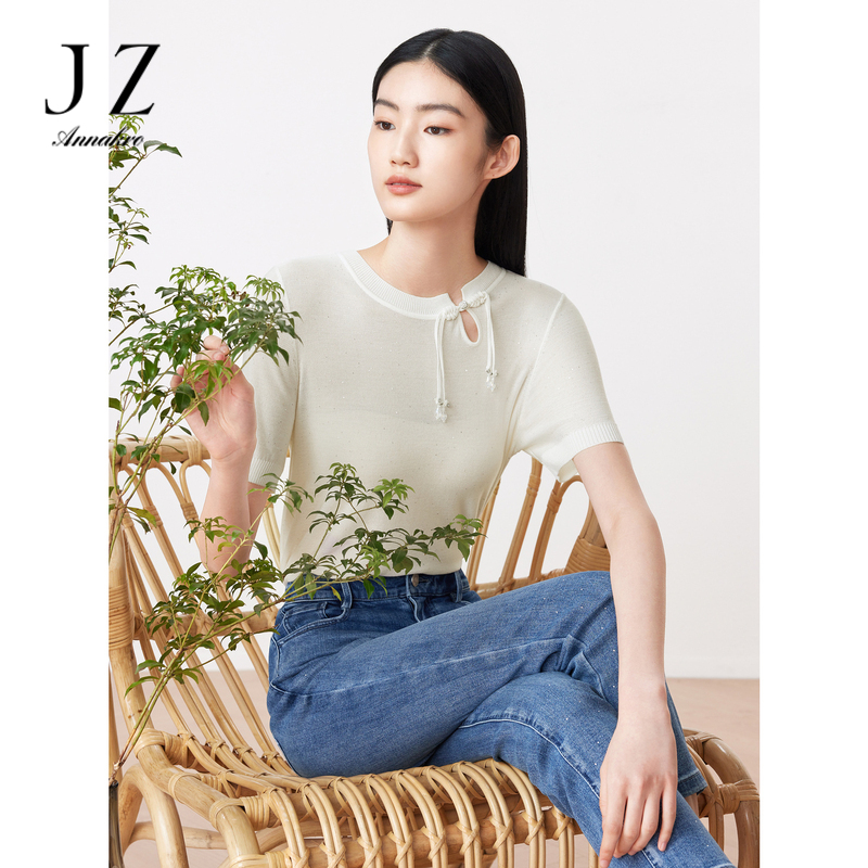 13368013.商场同款JZ玖姿新中式针织衫2023夏季新款优雅针织短袖JWDX31225