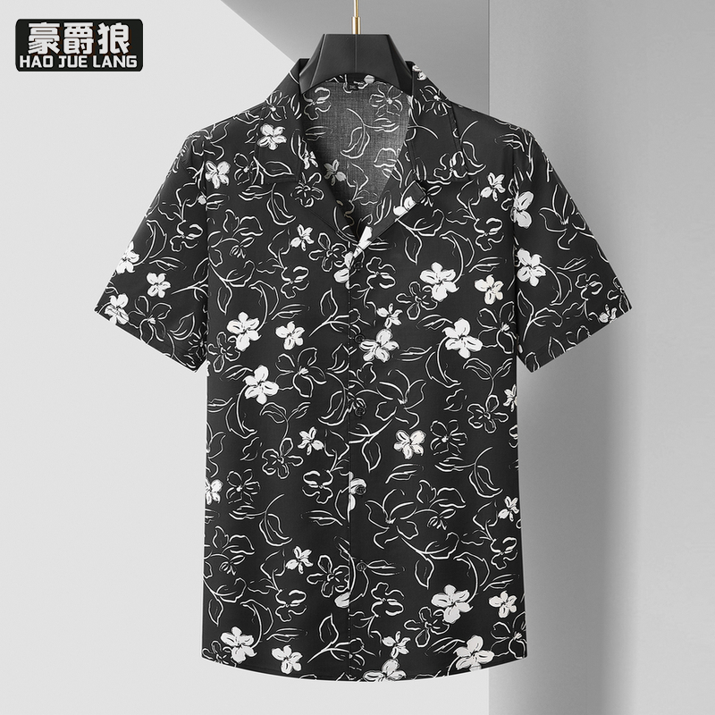 13368302.【大码男装】夏季休闲纯棉短袖衬衫男式大码男装寸衫胖子男士翻领衬衣