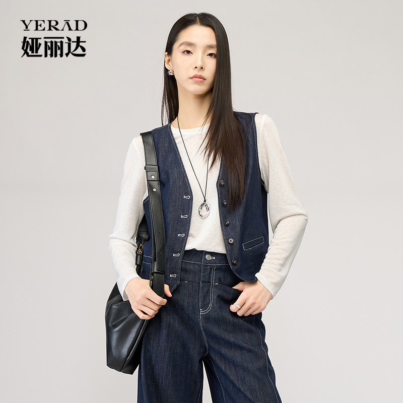 13366634.【娅丽达】休闲复古v领牛仔马甲女叠穿背心简约收腰马夹外套