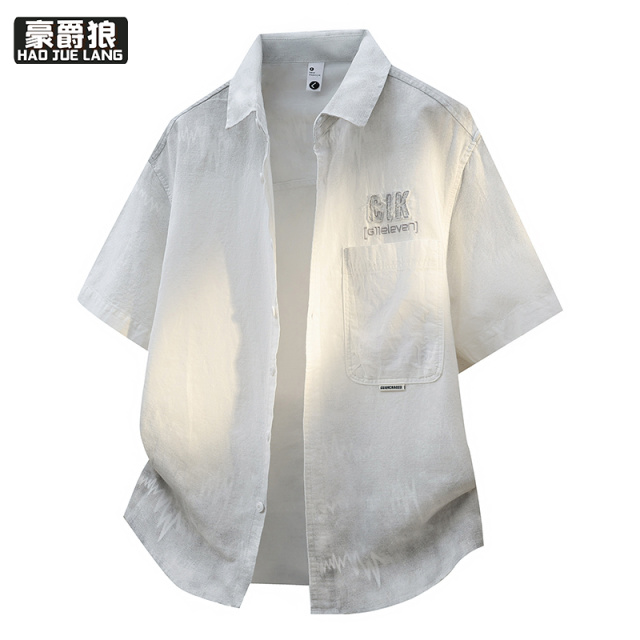 13368366.薄款短袖衬衫男夏季扎染潮牌休闲翻领刺绣冰丝透气半袖衬衣服男装