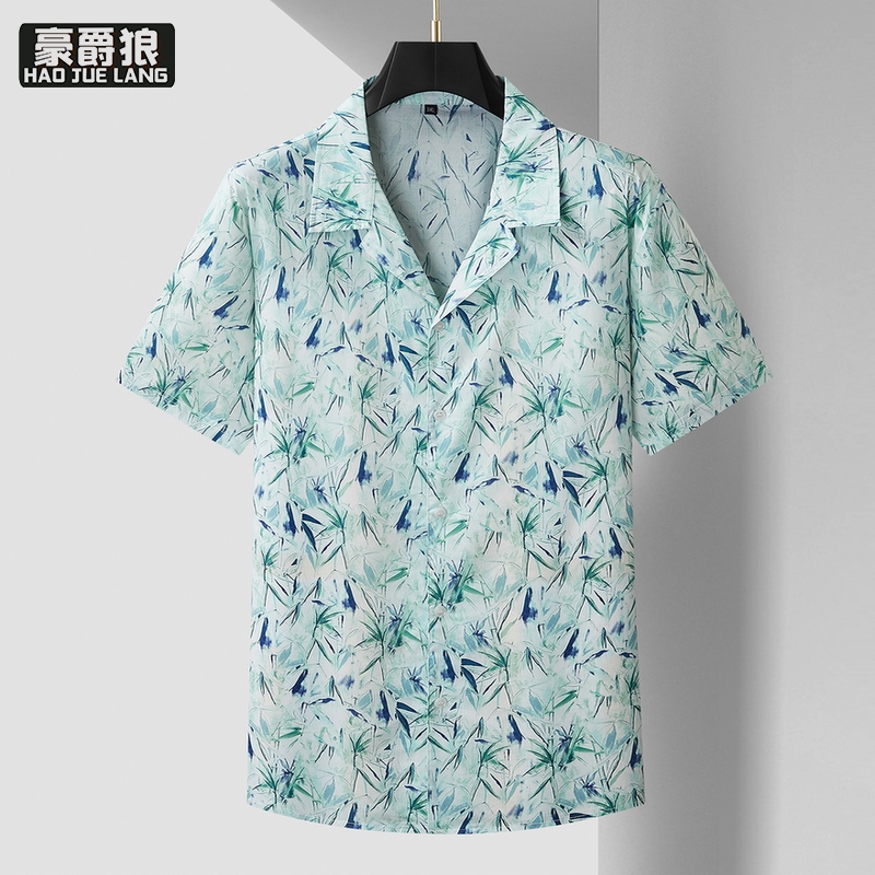 13368306.【大码男装】加肥舒适纯棉短袖衬衫男式夏季透气休闲半袖衬衣印花寸衫
