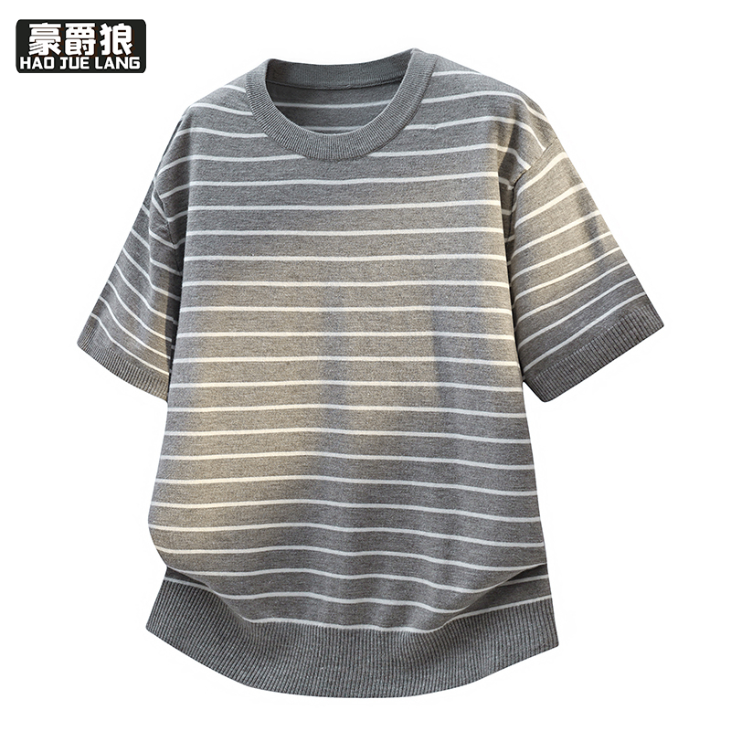 13368361.条纹短袖t恤男士夏装薄款针织凉感打底衫休闲宽松男生百搭海魂衫