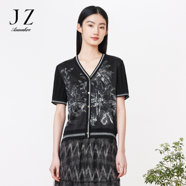 13367921.商场同款JZ玖姿国风印花拼接短袖上衣女装夏季新款JWDX30809