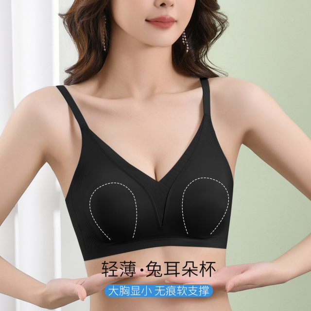 13367309.【薄透小凉皮】性感网纱边兔耳朵杯大胸显小胸聚拢女士内衣文胸罩