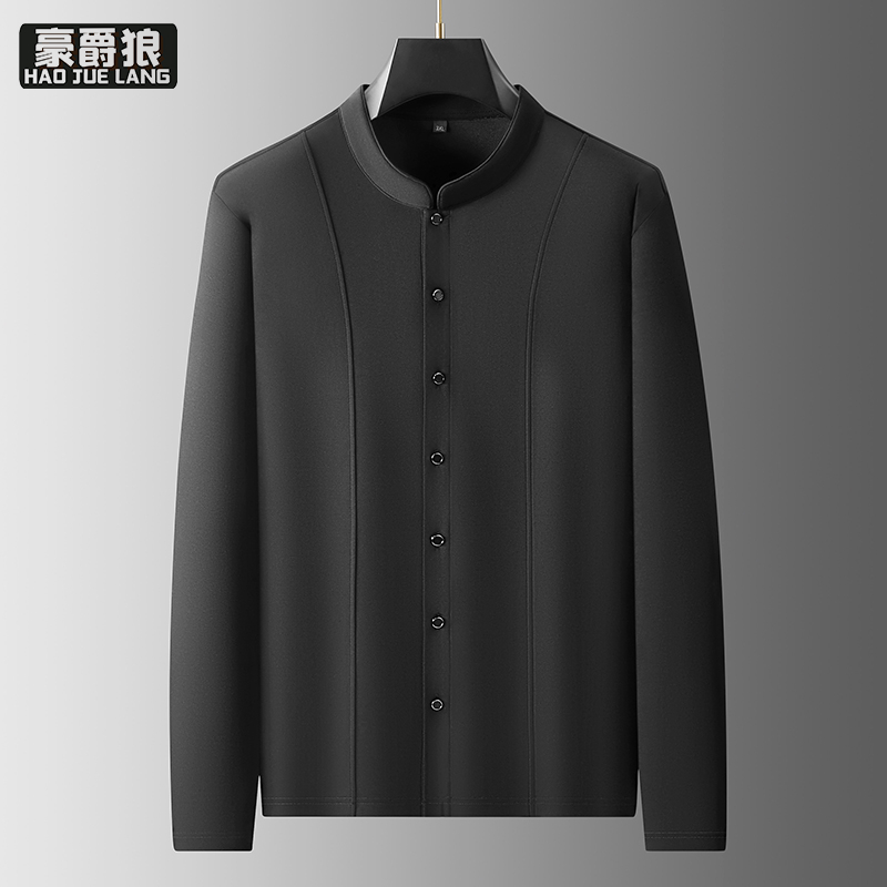 13368336.【大码男装】胖子休闲立领长袖衬衣男士加大码简约宽松纯色中国风衬衫